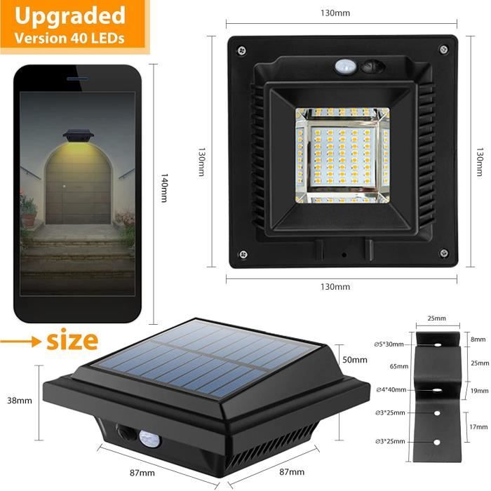 Lampe solaire de toit avec détecteur de mouvement,Haute qualité,40  LED,Lampes solaires pour l'extérieur,1800 mAh,PIR,Lampe murale solaire  LED,Blanc