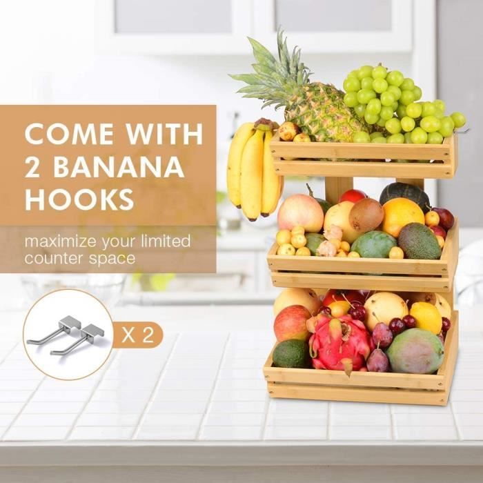 Merysen Corbeille à Fruits En Bambou 2 Niveaux - Panier Organiseur Cuisine Élégant