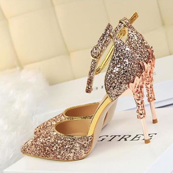 Escarpins Femmes Bride Cheville Sparkle Chaussures Bout Pointu Ferme Mary Janes Talon Haut Aiguille Discotheque Soiree Champagne Achat Vente Talons hauts feminins exquis pas cher Cdiscount