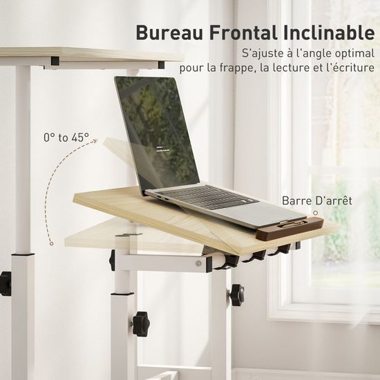 GYMAX Podium Roulant Ordinateur - Pupitre Inclinable 180° Hauteur Réglable 68-114 Cm Avec Rangement Et Roulettes (Blanc)