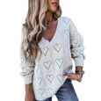 Pull Femme Col V Grande Taille Creux Forme Coeur Maille Ample Tricot Chandails Hiver Chaud Chic Elegant Couleur Unie Pull,Blanche-0
