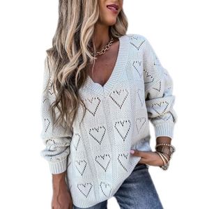 PULL Pull Femme Col V Grande Taille Creux Forme Coeur Maille Ample Tricot Chandails Hiver Chaud Chic Elegant Couleur Unie Pull,Blanche