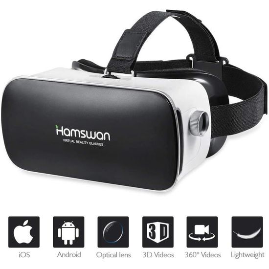 HAMSWAN VR Casque de Réalité Virtuelle, Lunettes 3D VR pour 3D Films et Jeux Compatibles avec iPhone XS/X/ 8/7/ 8 Plus/ 6S Samsung S