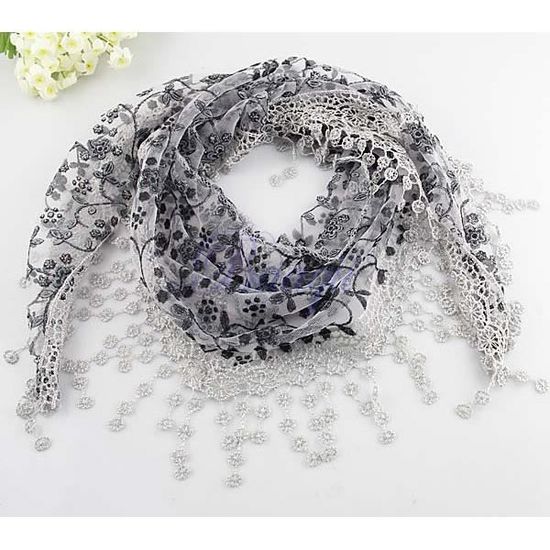 Châle écharpe Dentelle Florale Avec Glands - 130x130x180 Cm - Foulard Soirée, Mariage, Robe - Femme