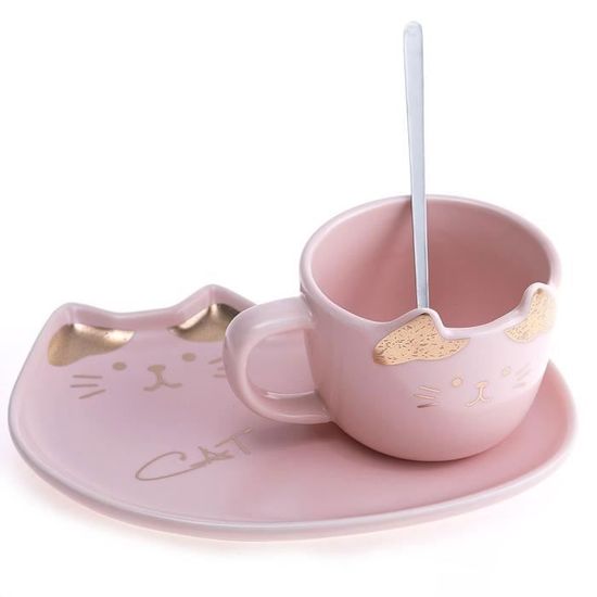 TASSE CHAT KAWAII - ROSE - Support Chat et Cuillère - Maison TASSE CHAT KAWAII - ROSE - Support Chat et Cuillère - Maison