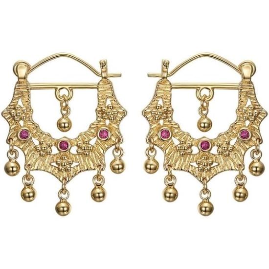 Boucles D’oreilles Pendantes Enfant Style Savoyard – Acier Couleur Or, Zirconium Rouge