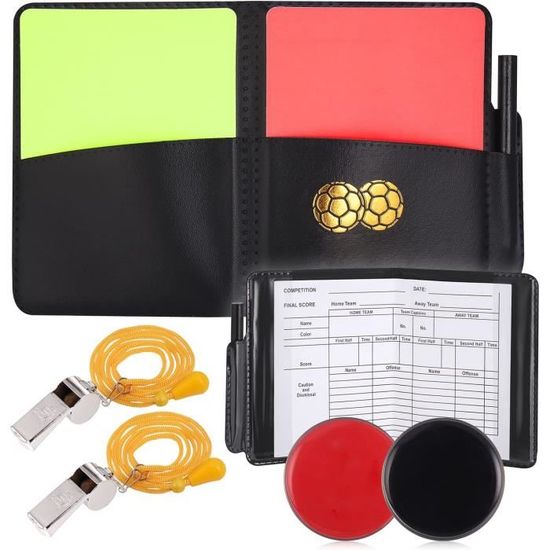 Kit Arbitre Football JIZZU – 2 Cartons Rouges/jaunes, 2 Sifflets Métal, Sélecteurs, Carnet De Score, Crayons, étui PU