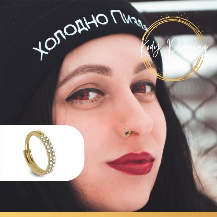 KODY PIERCING Anneau Clicker en Or Jaune 14 Carats et Double Rangée de Cristal Blanc