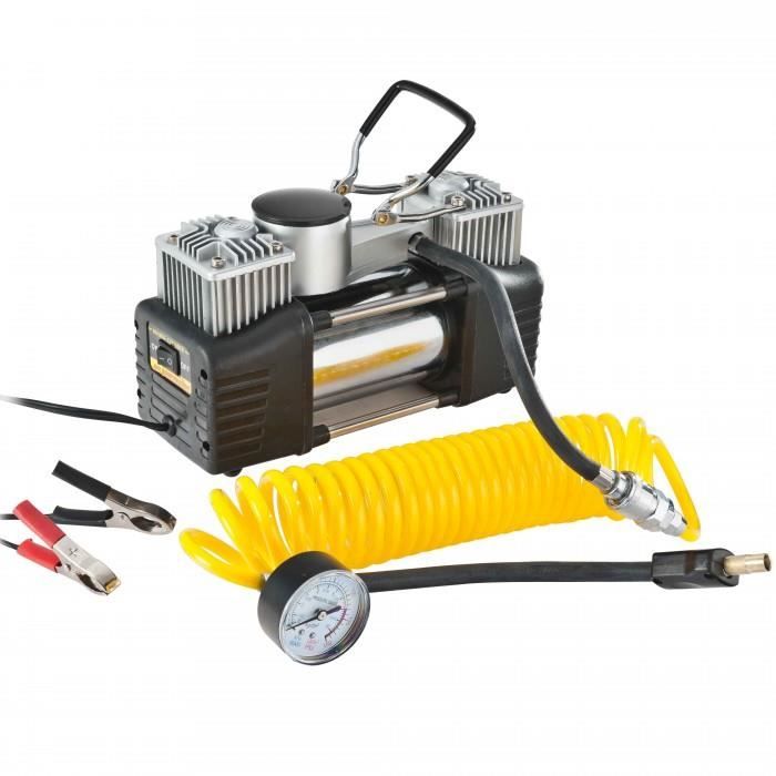 Compresseur d'air double cylindre 12 V 10 bars + manometre. Gonflage rapide. Diametre: 2 x 300 mm. Tuyau de gonflage :