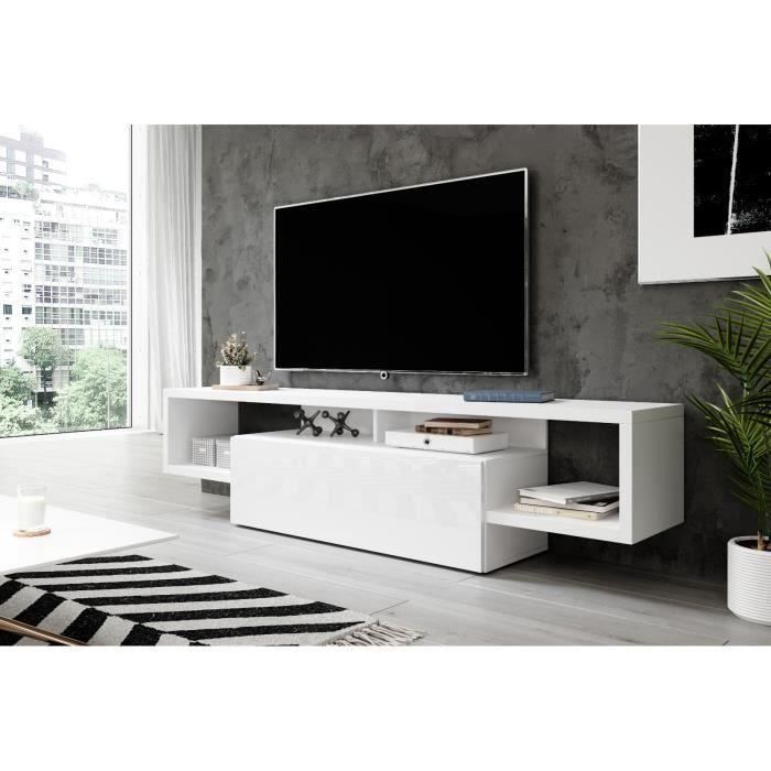 E-com Meuble tele 048 - 140 cm, Corps Blanc / Facade Blanche Laquee