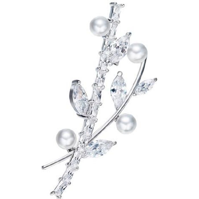 Broche Femme Feuille Perle et Cristal de Swarovski Element Blanc Plaqué Rhodium - Blue Pearls