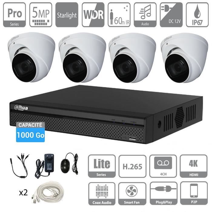 Kit vidéosurveillance 1To Go DAHUA 4 caméras dômes avec micro de 5 Mpx