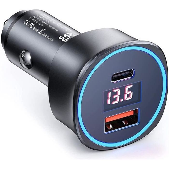 Chargeur de Voiture Rapide Type-C et USB, Chargeur Allume-cigare avec affichage LED, Quick Charge Noir
