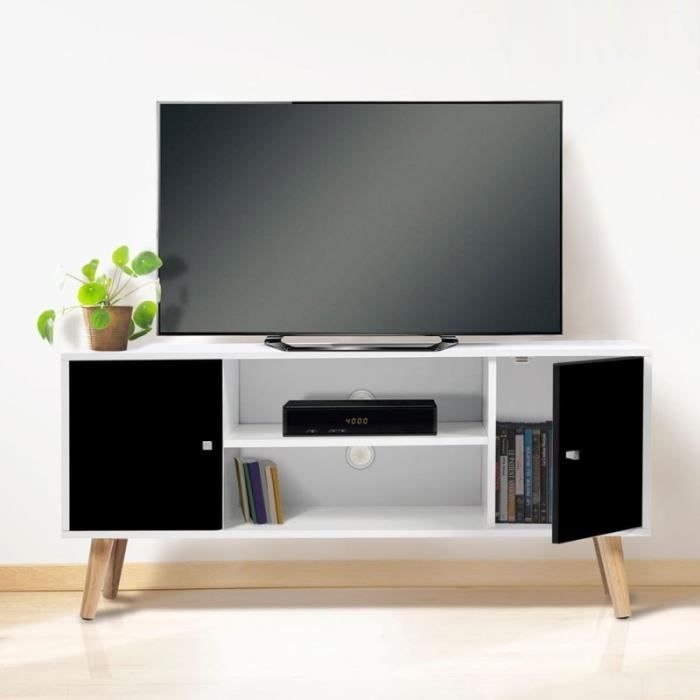 ID MARKET - Meuble TV EFFIE scandinave 2 portes bois blanc et noir