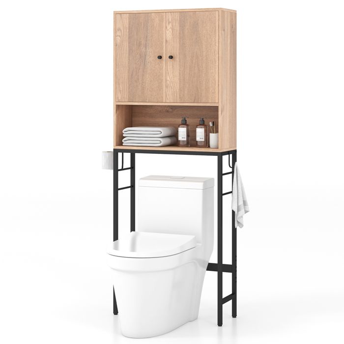 COSTWAY Meuble WC au-Dessus des Toilettes avec 2 Portes Etagère Réglable Barre Inférieure Réglable 2 Crochets Latéraux Naturel COSTWAY Meuble WC au-Dessus des Toilettes avec 2 Portes Etagère Réglable Barre Inférieure Réglable 2 Crochets Latéraux Naturel