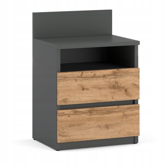 Table de chevet 40 cm en chêne gris Wotan avec 2 tiroirs et étagère pour chambre