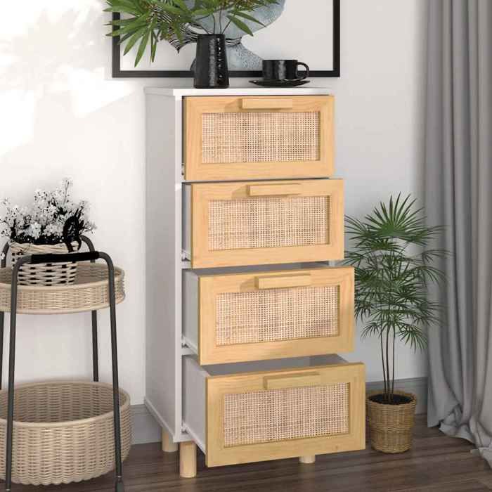Bon plan Buffet bahut vaisselier - JILI HOT - Buffet Blanc 40x30x90cm - Bois de pin massif et rotin naturel - commode