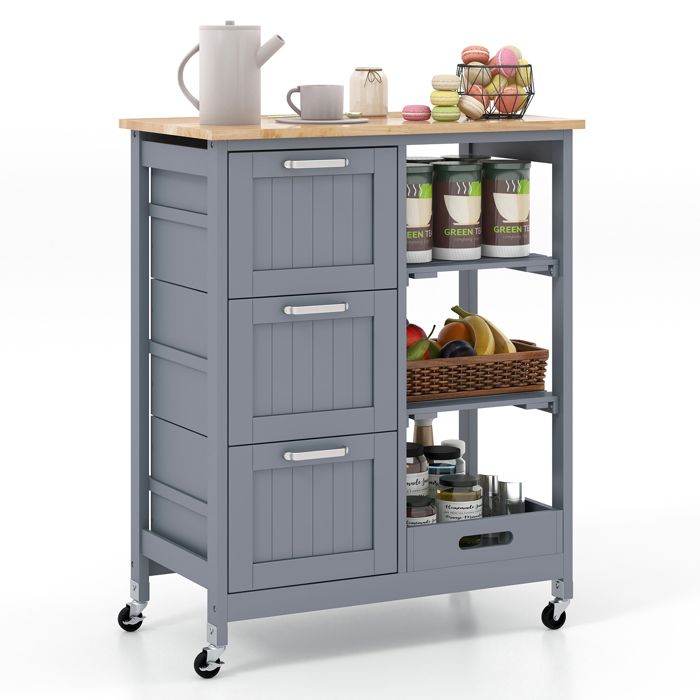 COSTWAY Desserte de Cuisine sur Roulette Verrouillables Plateau Amovible en Bois dHévéa 2 Étagères Amovibles 3 Tiroirs Gris COSTWAY Desserte de Cuisine sur Roulette Verrouillables Plateau Amovible en Bois dHévéa 2 Étagères Amovibles 3 Tiroirs Gris