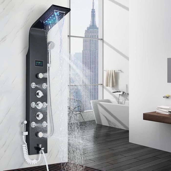 MENATT Système de tour de douche 5 en 1, lumières LED, pluie et cascade
