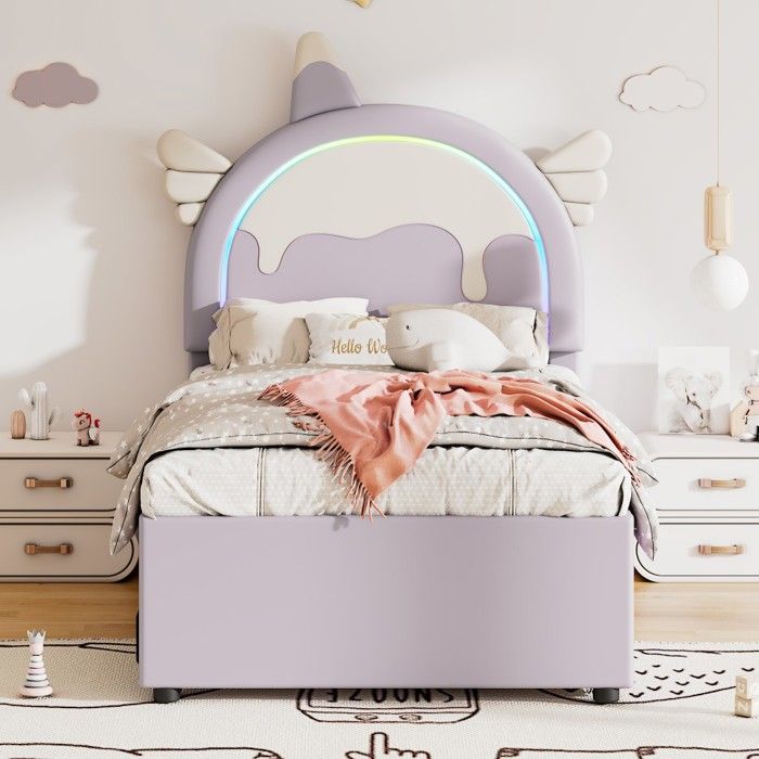 Lit Enfant Licorne Enfant 90x200cm Gigogne en PU Violet - Doudoune Animé Dessin - Dormir Rêver Évasion - sans matelas