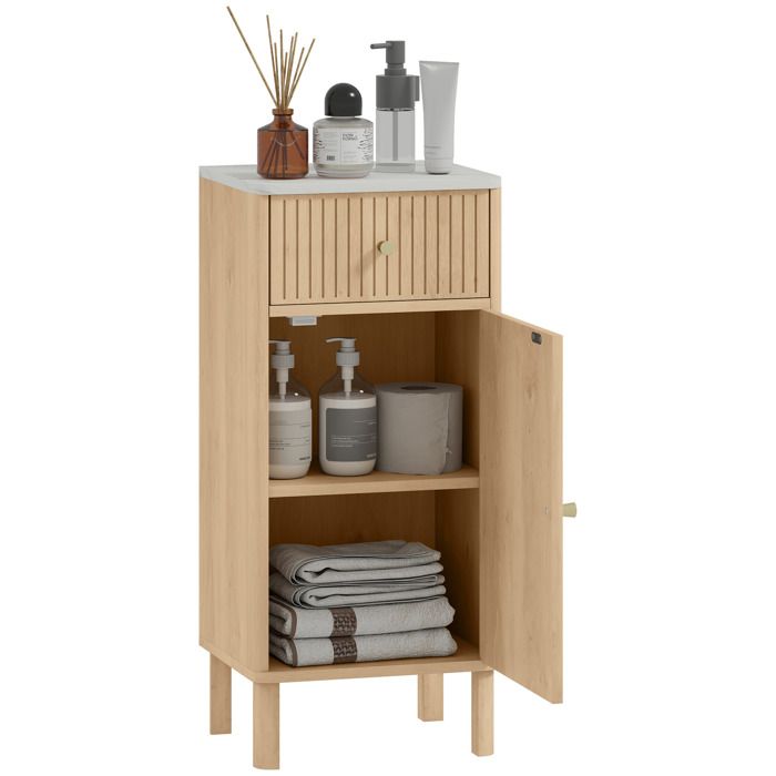 Meuble de salle de bain - HOMCOM - avec plateau effet marbre et porte rainurée tiroir et étagère réglable - 36 x 30 x 80 cm - chêne Meuble de salle de bain - HOMCOM - avec plateau effet marbre et porte rainurée tiroir et étagère réglable - 36 x 30 x 80 cm - chêne