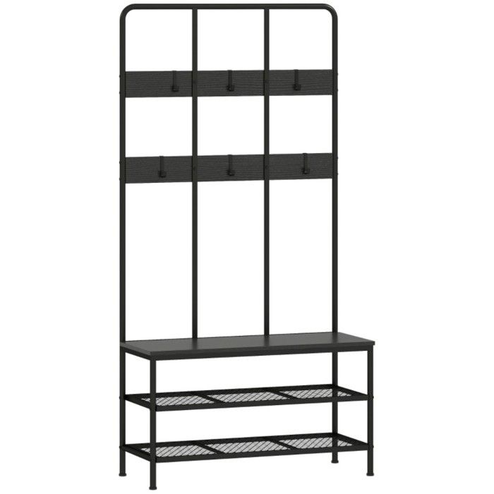 Porte-manteau 3-en-1 pratique patère banc et étagère à chaussures en métal et aggloméré noir Porte-manteau 3-en-1 pratique patère banc et étagère à chaussures en métal et aggloméré noir
