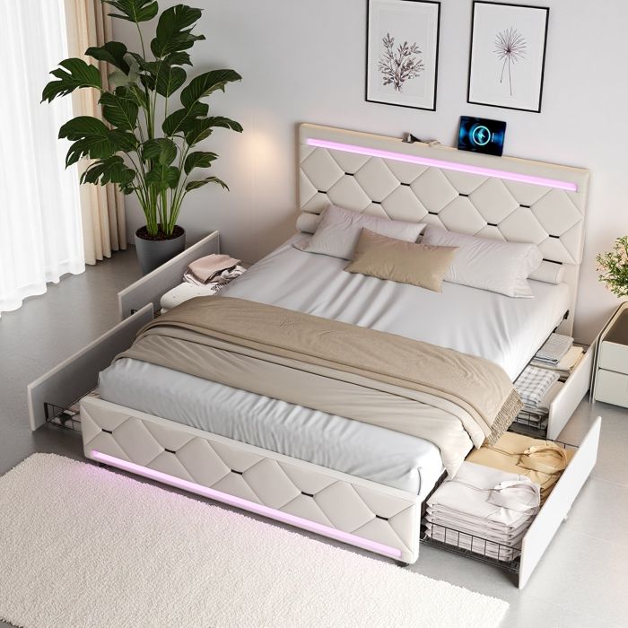 Lit double 140 x 190 cmLit Coffre avec 4 tiroirs et sommier à lattesTête de lit avec éclairage LED et 2 ports USB1 type