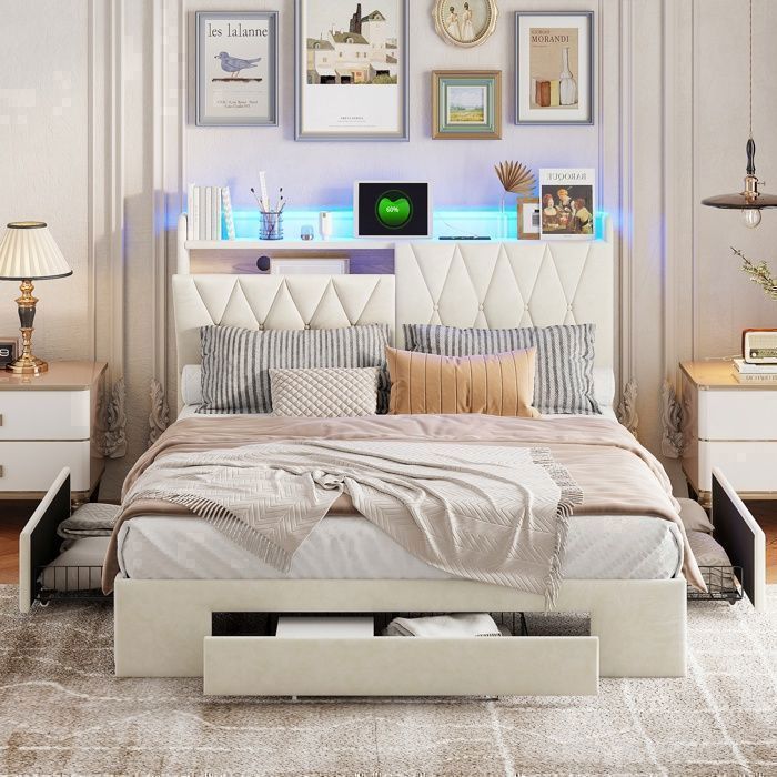 Cadre de lit lit deux place lit 140 x 190 avec rangement lit led 140x190 3 Tiroirs-port USB-Rangement tête de lit-LED-Velours-Beige