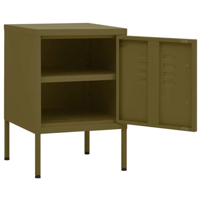 Table de chevet en acier - vidaXL - Vert olive - 35x35x51 cm - 1 étagère réglable - Niveleurs au fond - Serrure intégrée