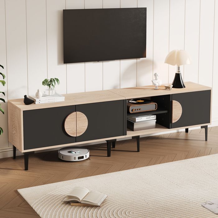 Meuble TV avec portes et étagères - MODERNLUXE - 180x35x49 cm - 3 portes - Étagères ouvertes - Naturel+noir Meuble TV avec portes et étagères - MODERNLUXE - 180x35x49 cm - 3 portes - Étagères ouvertes - Naturel+noir