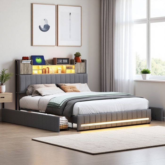 Lit Capitonne 140×190 avec éclairage LED (tête et pied) et 4 Tiroirs - Prise Port USB et Type-C - Lit combiné - Tissu en Lin - Noir