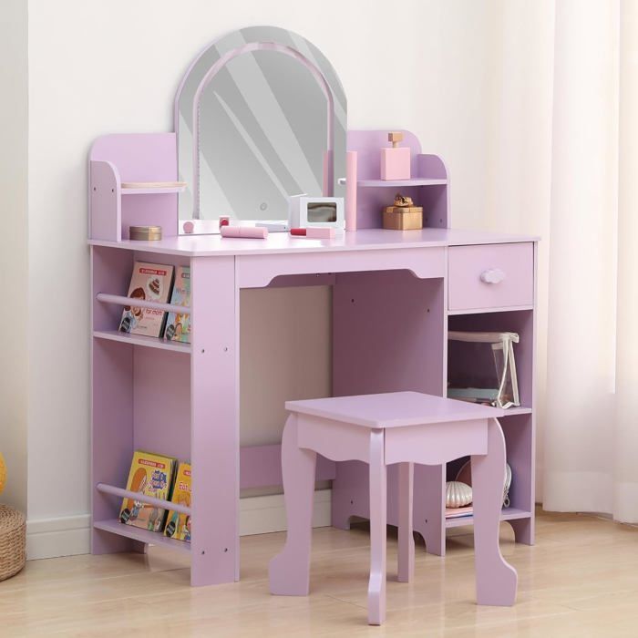 Coiffeuse pour Enfants avec Tabouret et Miroir LED Coiffeuse Fille avec Tiroirs Étagère Maquillage pour Enfants 3+ ans Violet
