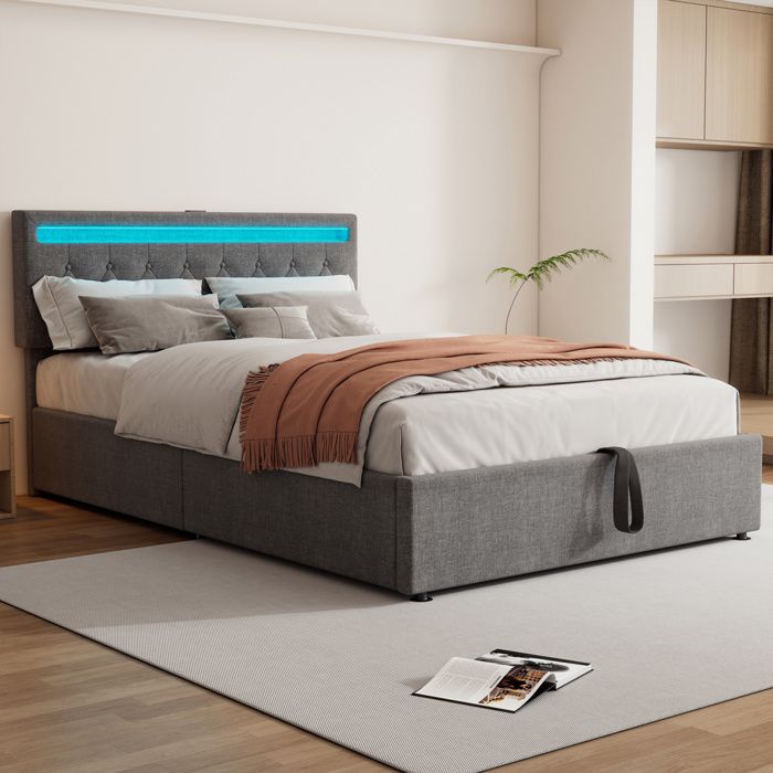 Lit coffre - Lit Capitonné 140x190 cm - LED multicolore - Rangement sous le lit - Ports USB & sommier à lattes