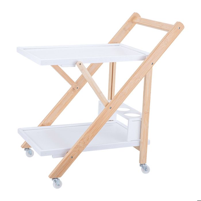 Relaxdays servante en bambou pliable desserte 2 niveaux sur roulettes porte-bouteilles 70x44x39 5 cm blanc naturel