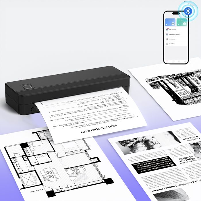 Imprimante Thermique A4 Portable sans Encre Bluetooth Papier Thermique A4 (210x297mm) 80mm 203DPI Mini Scanner Imprimante