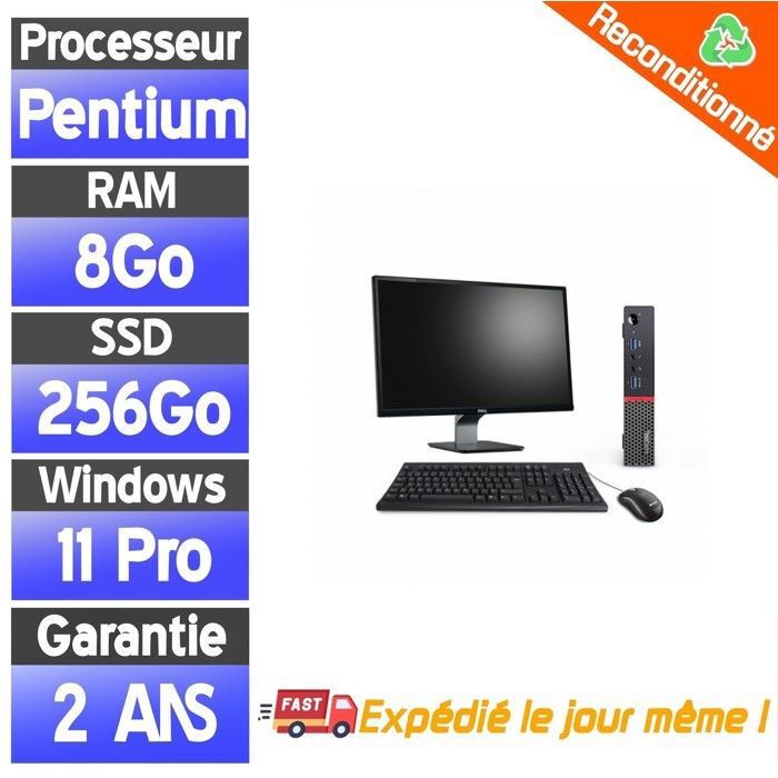 PC Bureau Complet Lenovo ThinkCentre Tiny Pentium G4400 8Go RAM SSD 256Go Écran 22 Ordinateur Fixe Prêt à l’emploi - Lenovo