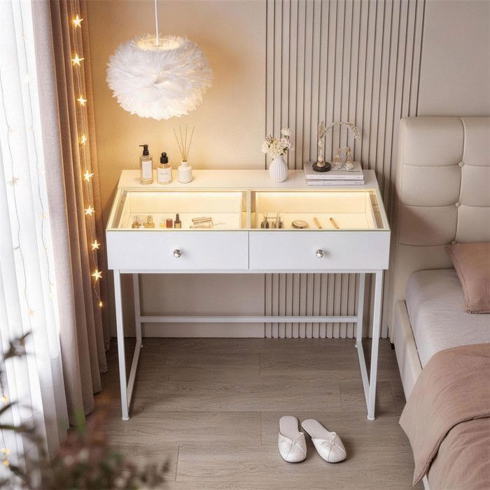 FENCHILIN Coiffeuse LED éclairage 2 Tiroirs Blanc 100 x 81 x 55 cm