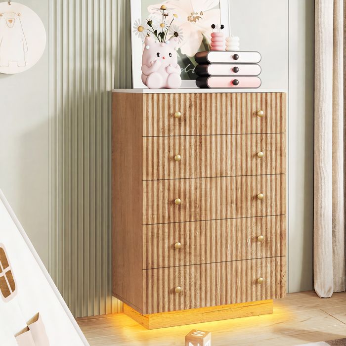 Commode Chambre à LED Commode en Bois 5 Tiroirs Meuble de Rangement Multifonction Natural Wood Cabinet with Drawers
