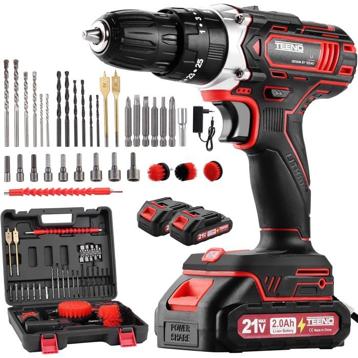 Perceuse-visseuse sans fil TEENO 21V (pour batteries Makita) 45 Nm 2x2.0Ah 2 vitesses 39 accessoires