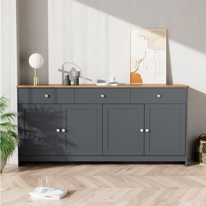 Buffet style campagne gris noir et bois avec 3 tiroirs et 4 portes