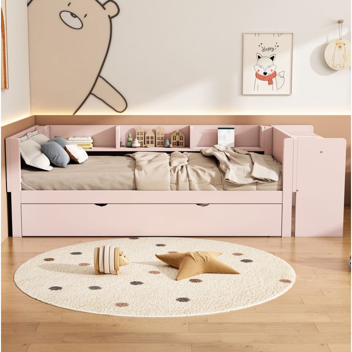 Lit combiné enfant 90×200 cm avec bureau intégré 3 étagères et lit gigogne - BEAUNIV - sans matelas pin rose