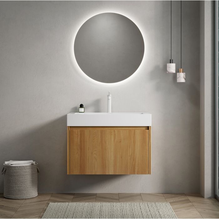 Meuble sous vasque suspendu 70 cm EVRYAE avec vasque intégrée rectangulaire en résine 1 tiroir LED bois naturel