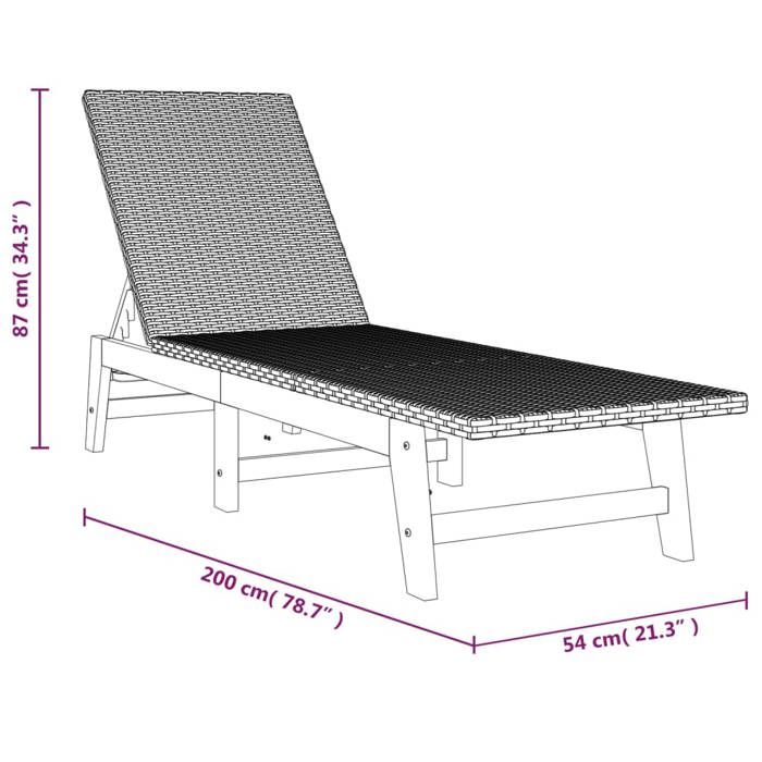 Noir Fauteuil long de soleil - Chaise longue avec coussin - Résine tressée/bois massif dacacia - 200x54x87 cm dts7036249373