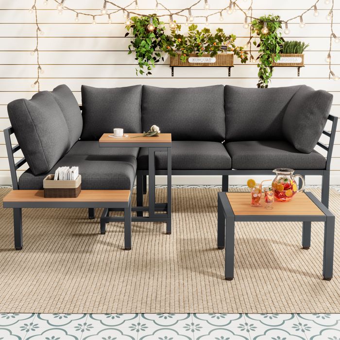 Salon de Jardin Canapé dangle 4 Places avec table dappoint et table basse pour Terrasse Balcon Mobilier de Exterieur Gris