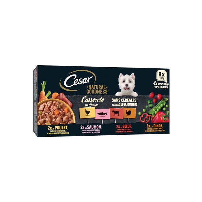 Pâtée pour chien - CESAR - Natural Goodness Casserole en Sauce - Pack 4 variétés - Superaliments & Prébiotiques - Adulte