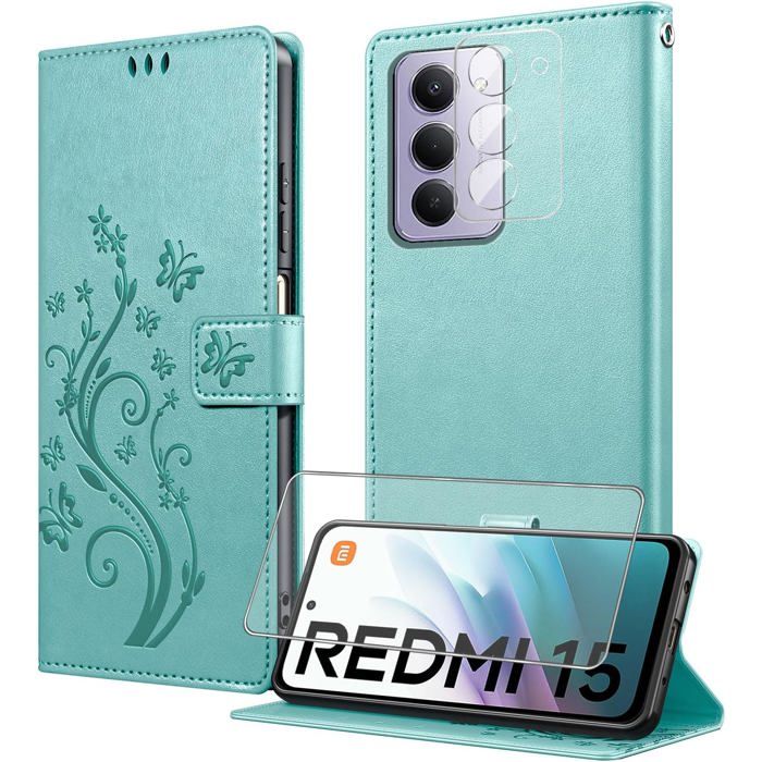 Coque pour Xiaomi Redmi 15 avec 1 Verre Trempé1 Protection CameraÉtuis Rabat [Housse en Cuir PU][Fentes pour Cartes][Pochette de