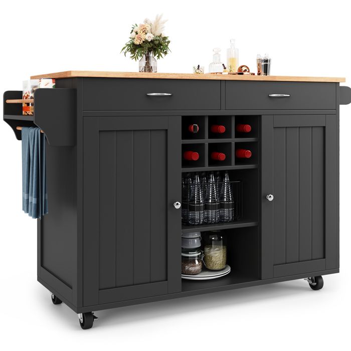 Kücheninsel moderne – Noir – MDF et métal – 102 x 45 x 92 cm – avec roulettes et range-bouteilles