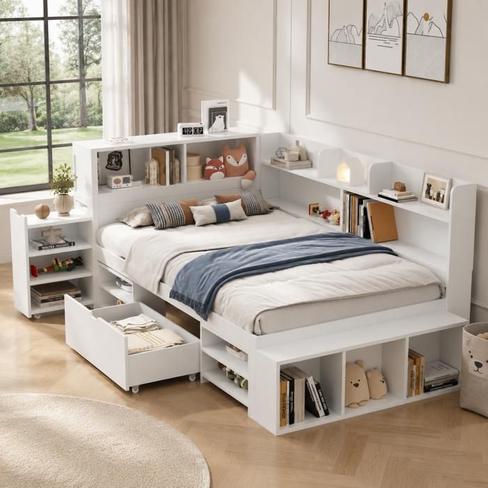 Lit combiné enfant 90x200 cm blanc avec rangements bibliothèque tiroirs grand espace de stockage sans matelas