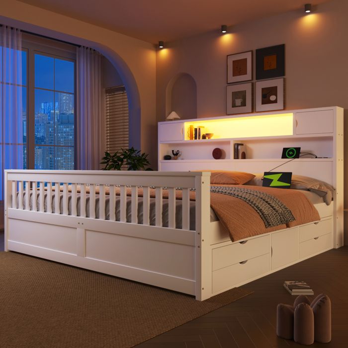 Lit plateforme blanc 180 x 200 cm avec tête de lit bibliothèque LED USB et 4 tiroirs