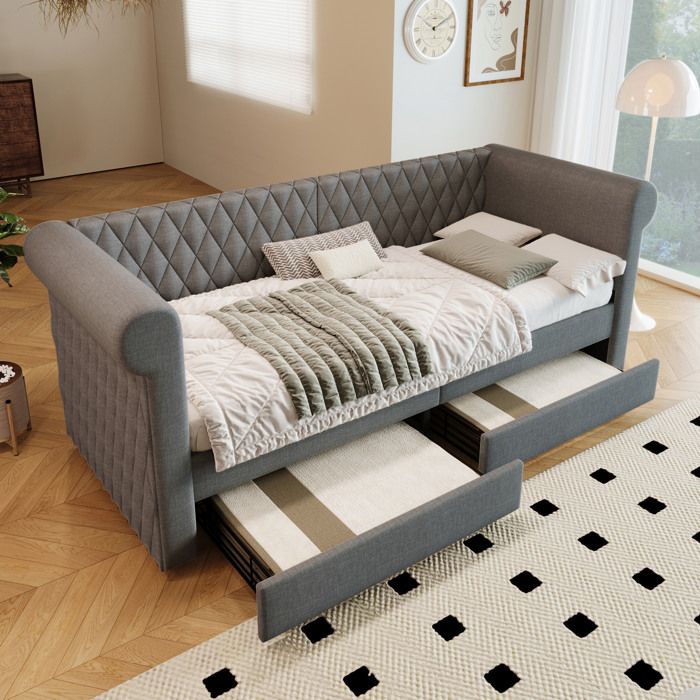 WOVREO lit banquette 90 x 200 cm gris en lin avec 2 tiroirs sommier à lattes en bois